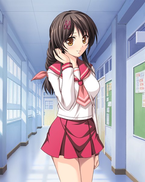 Anime picture 640x800 with original aocchi single long hair tall image looking at viewer blush black hair yellow eyes braid (braids) adjusting hair girl skirt uniform serafuku