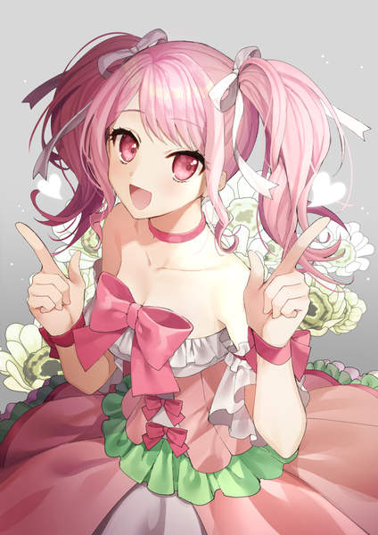 Anime-Bild 750x1061 mit bang dream! maruyama aya gambe single long hair tall image looking at viewer blush fringe open mouth smile standing twintails bare shoulders payot pink hair :d pink eyes grey background floral background