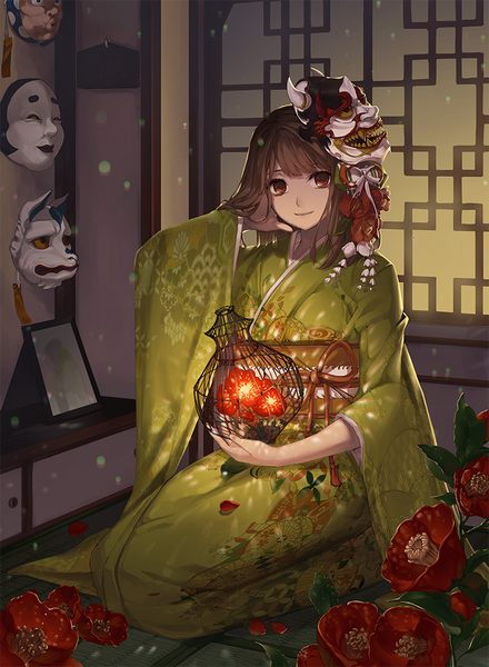 Anime picture 733x1000 with original rwael single long hair tall image looking at viewer fringe red eyes brown hair sitting indoors traditional clothes japanese clothes arm up hair flower light smile wide sleeves kneeling adjusting hair mask on head
