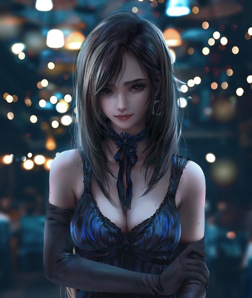 Anime picture 5077x6000 with final fantasy final fantasy vii square enix tifa lockhart nixeu single long hair tall image looking at viewer fringe highres breasts black hair red eyes standing bare shoulders signed absurdres upper body lips