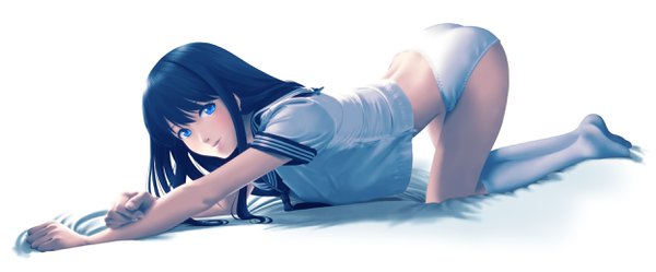 Anime picture 2500x1041 with original tora tsugumi single long hair looking at viewer blush fringe highres blue eyes light erotic black hair simple background hair between eyes wide image white background payot full body fingernails shadow no shoes