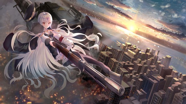 Anime picture 3840x2160 with girls frontline kar98k (girls frontline) smile2007h single looking at viewer blush fringe highres smile hair between eyes red eyes wide image absurdres sky silver hair cloud (clouds) very long hair dutch angle fur trim city