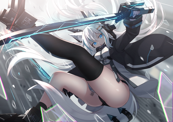 Anime picture 2339x1654 with original f (milfaaaaa) single looking at viewer fringe highres open mouth blue eyes light erotic hair between eyes holding animal ears bent knee (knees) outdoors white hair tail long sleeves very long hair animal tail open jacket