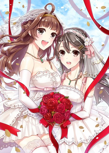 Anime picture 715x1000 with kantai collection kongou battleship haruna battleship ouka mai long hair tall image looking at viewer blush open mouth hair between eyes brown hair bare shoulders multiple girls brown eyes sky cloud (clouds) ahoge hair bun (hair buns) wedding girl