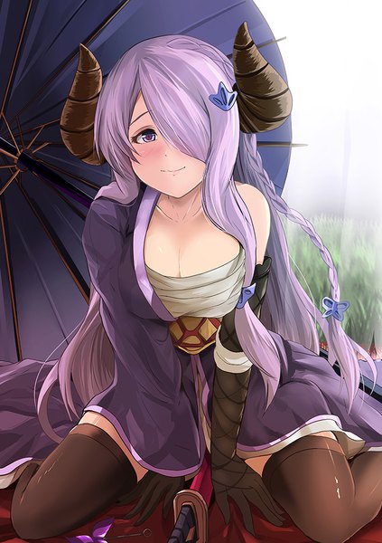 Anime picture 728x1032 with granblue fantasy narmaya (granblue fantasy) kanzaki kureha single long hair tall image looking at viewer blush fringe light erotic smile sitting purple eyes purple hair braid (braids) horn (horns) hair over one eye wariza tress ribbon draph