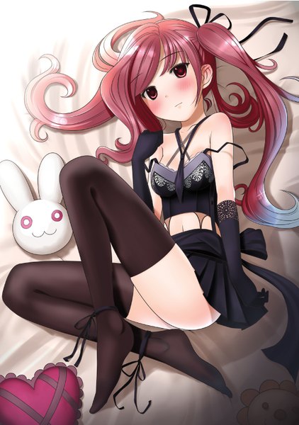 Anime picture 1056x1500 with original kinugasa yuuichi single long hair tall image blush light erotic red eyes twintails cleavage red hair girl thighhighs black thighhighs miniskirt heart toy stuffed animal bunny