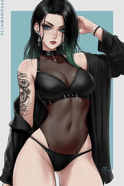 Anime-Bild 860x1290 mit original april (sciamano240) sciamano240 single long hair tall image blush fringe breasts light erotic black hair simple background large breasts standing signed looking away long sleeves multicolored hair arm up aqua eyes