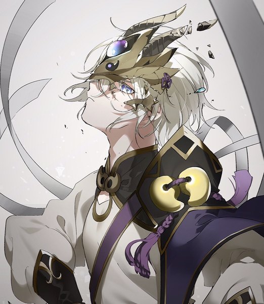 Anime picture 750x862 with fate (series) fate/grand order prince of lan ling (fate) niku (fjs 1018) single tall image looking at viewer short hair blue eyes upper body white hair profile boy mask magatama