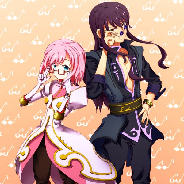 Anime picture 1000x1000 with tales of (series) tales of vesperia yuri lowell estellise sidos heurassein moai amon long hair short hair blue eyes red eyes pink hair purple hair couple adjusting glasses bespectacled girl dress boy glasses bracelet