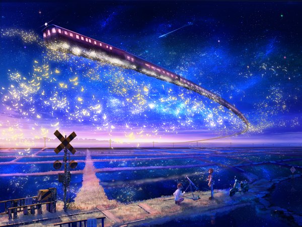 Anime picture 3302x2481 with original inz (pixiv) highres standing absurdres sky night glowing squat landscape scenic shooting star soft beauty girl boy star (stars) road train traffic sign telescope