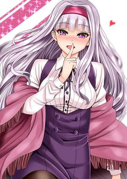 Anime picture 640x905 with idolmaster shijou takane inu (marukome) single long hair tall image looking at viewer blush breasts open mouth simple background smile white background purple eyes silver hair finger to mouth girl heart hairband clothes
