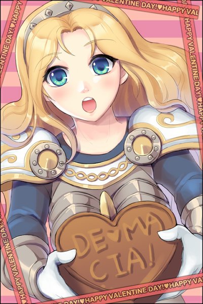 Anime picture 640x960 with league of legends lux (league of legends) dakun87 (artist) single long hair tall image looking at viewer blush open mouth blonde hair green eyes valentine girl gloves food sweets armor chocolate chocolate heart