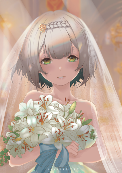 Anime picture 2827x4000 with genshin impact noelle (genshin impact) jhaysie single tall image looking at viewer blush fringe highres short hair smile holding green eyes signed silver hair upper body indoors blunt bangs braid (braids) blurry