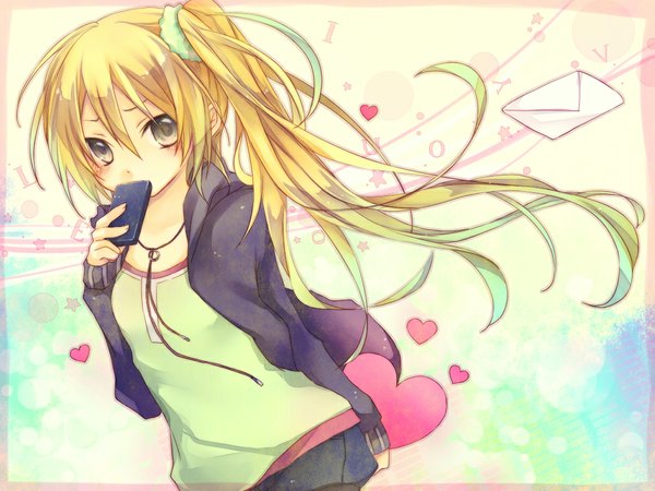 Anime picture 1024x768 with vocaloid akita neru kuroi (liar-player) single long hair looking at viewer blush fringe blonde hair hair between eyes brown eyes ponytail side ponytail girl heart envelope