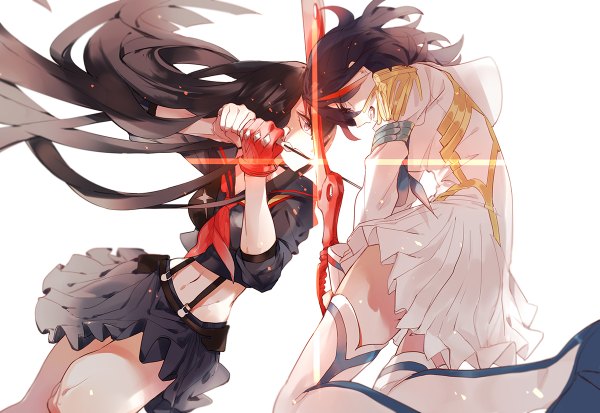 Anime picture 1200x826 with kill la kill studio trigger matoi ryuuko kiryuuin satsuki qinlove long hair short hair blue eyes black hair simple background white background multiple girls red hair multicolored hair two-tone hair bare belly streaked hair fighting stance girl dress