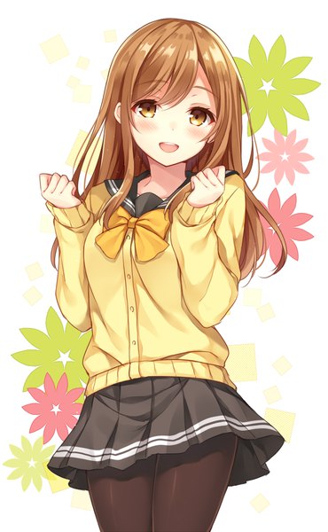 Anime-Bild 800x1297 mit love live! sunshine!! sunrise (studio) love live! kunikida hanamaru shiromikan single long hair tall image looking at viewer blush fringe open mouth smile hair between eyes brown hair standing white background brown eyes long sleeves pleated skirt