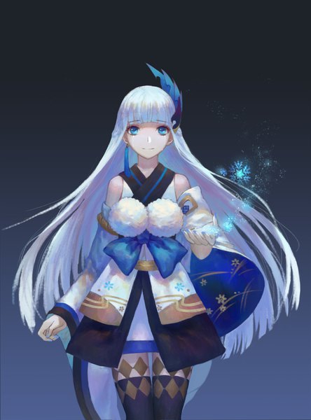 Anime picture 1023x1382 with onmyoji yuki onna (onmyoji) single long hair tall image looking at viewer fringe blue eyes smile standing white hair blunt bangs traditional clothes japanese clothes arm up wide sleeves zettai ryouiki tears magic girl