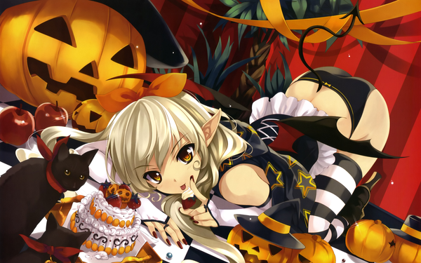 Anime picture 1920x1200 with megami magazine girl's avenue misaki kurehito highres light erotic blonde hair red eyes wide image animal ears tail pointy ears finger to mouth halloween bat wings star print girl thighhighs gloves underwear panties
