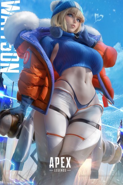 Anime picture 2333x3500 with apex legends wattson (apex legends) sakimichan single tall image looking at viewer blush fringe highres short hair breasts blue eyes light erotic blonde hair large breasts standing sky outdoors blunt bangs long sleeves