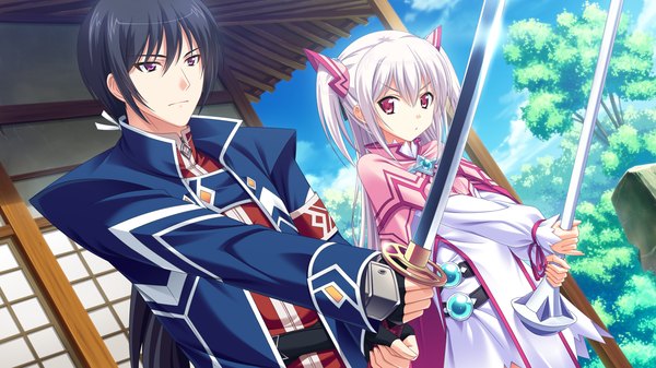 Anime picture 1280x720 with kikouyoku senki gin no toki no corona long hair short hair black hair red eyes wide image twintails game cg white hair loli short twintails girl boy weapon sword katana