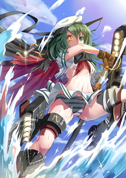 Anime picture 768x1086 with kantai collection kiso light cruiser qian wu atai single tall image looking at viewer short hair light erotic green hair pantyshot heterochromia torn clothes girl gloves underwear panties weapon sword water cape