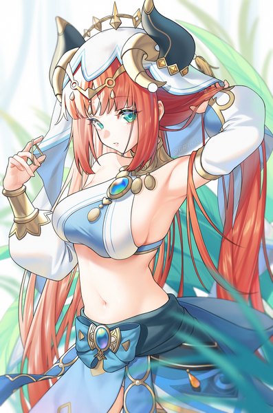 Anime picture 1527x2308 with genshin impact nilou (genshin impact) nekomierika single long hair tall image looking at viewer fringe breasts light erotic large breasts twintails payot red hair blunt bangs long sleeves arm up horn (horns) aqua eyes armpit (armpits)