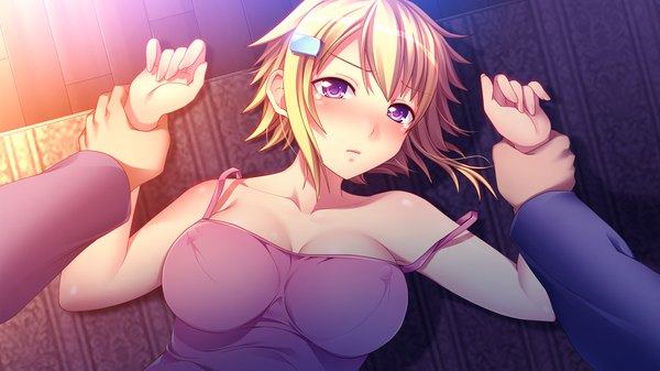 Anime picture 1024x576 with papa love (game) short hair light erotic blonde hair wide image purple eyes game cg nipples lying tears girl hair ornament