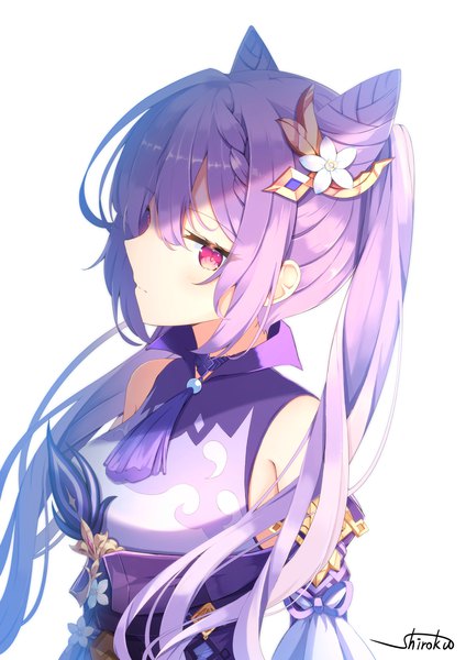 Anime picture 1013x1433 with genshin impact keqing (genshin impact) shi6kurutto single long hair tall image simple background red eyes white background twintails signed purple hair upper body profile hair bun (hair buns) girl tassel