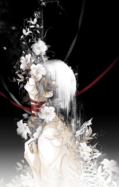 Anime picture 765x1200 with original paw (brtabby) single tall image short hair profile fingernails lips bondage covering eye (eyes) flower over eye boy flower (flowers) ribbon (ribbons) petals