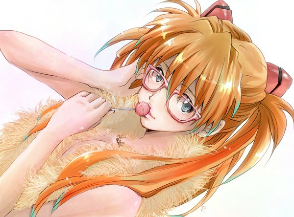 Anime picture 1000x741 with neon genesis evangelion gainax soryu asuka langley nagisa-a single long hair looking at viewer open mouth blue eyes simple background white background twintails multicolored hair green hair orange hair two-tone hair girl glasses food candy