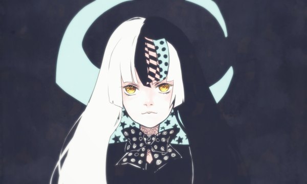 イラスト 1280x768 と ボーカロイド ギャラ子 ctrlkun ソロ 長髪 カメラ目線 前髪 黒髪 wide image 黄色眼 white hair multicolored hair lips 姫カット 女の子 蝶ネクタイ