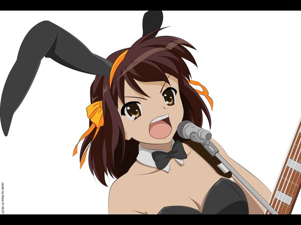 Anime picture 2433x1825 with suzumiya haruhi no yuutsu kyoto animation suzumiya haruhi highres open mouth brown hair white background brown eyes signed animal ears upper body bunny ears dated fake animal ears bunny girl letterboxed vector singing girl hairband