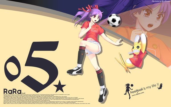 Anime picture 1920x1200 with dlsite.com highres red eyes wide image purple hair playing sports football shorts white shorts