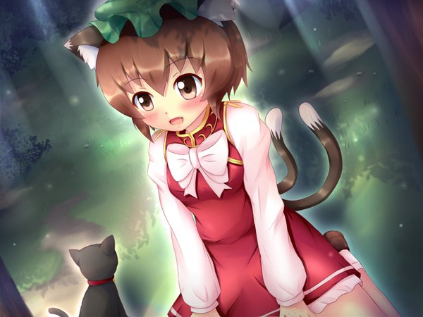 Anime picture 1360x1020 with touhou chen kane-neko blush short hair open mouth brown hair brown eyes animal ears cat ears cat girl cat tail loli girl dress plant (plants) tree (trees) cat bonnet