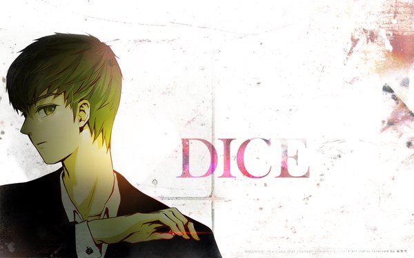 イラスト 1920x1200 と dice: the cube that changes everything taebin ソロ カメラ目線 前髪 highres 短い髪 茶色の髪 holding 茶目 プロフィール inscription 壁紙 open collar glow 男性 シャツ スーツ dice