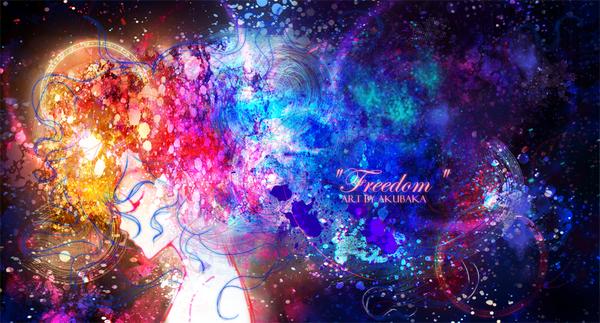 Anime picture 1056x569 with akubaka single long hair wide image bare shoulders blue hair pink hair eyes closed profile multicolored hair orange hair inscription multicolored colorful