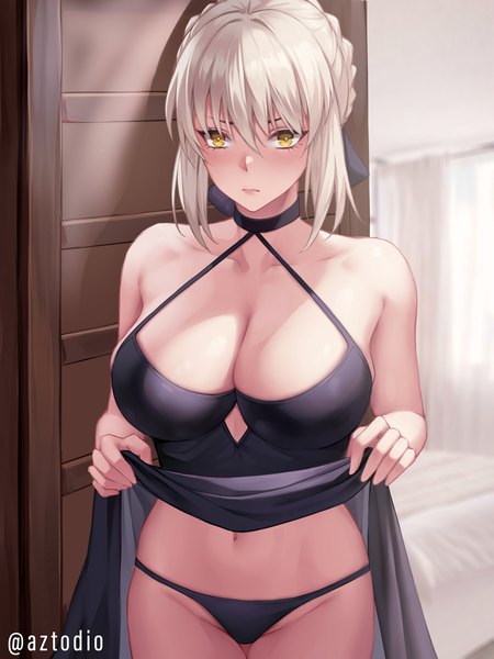Anime picture 4500x6000 with fate (series) fate/grand order artoria pendragon (all) saber alter azto dio single tall image looking at viewer blush fringe highres short hair breasts light erotic blonde hair hair between eyes large breasts standing holding signed