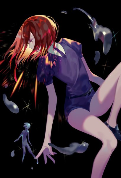 Anime picture 698x1023 with houseki no kuni cinnabar (houseki no kuni) yamakawa single long hair tall image simple background red eyes looking away bent knee (knees) red hair profile sparkle puffy sleeves black background androgynous necktie mercury