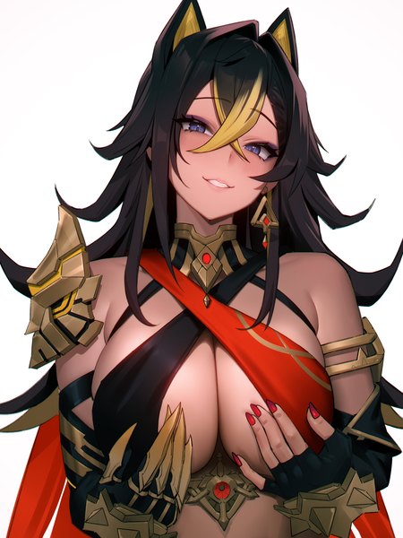 Anime picture 1459x1946 with genshin impact dehya (genshin impact) 95--- single long hair tall image looking at viewer blush fringe breasts blue eyes light erotic black hair simple background smile hair between eyes large breasts white background animal ears upper body