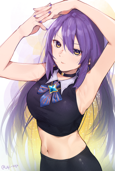 Anime picture 2048x3040 with virtual youtuber hololive hololive indonesia moona hoshinova lufi ays single long hair tall image looking at viewer blush fringe highres breasts simple background hair between eyes standing white background signed yellow eyes payot