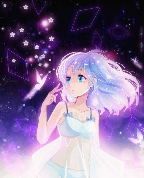 Anime picture 850x1052 with original dorris single tall image short hair blue eyes light erotic looking away purple hair purple background girl underwear panties flower (flowers) insect butterfly babydoll