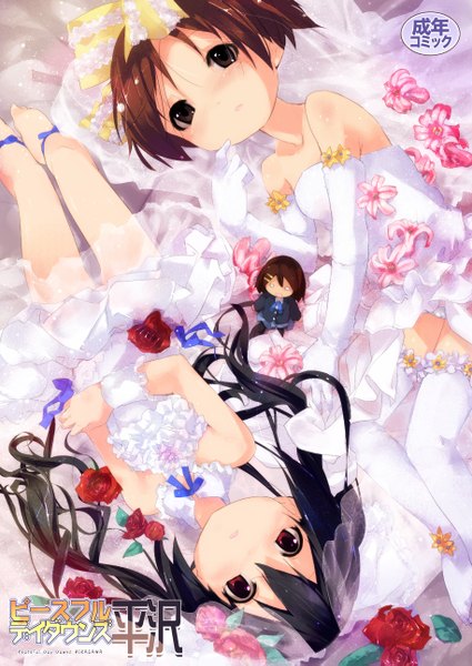 Anime picture 1832x2589 with k-on! kyoto animation nakano azusa hirasawa ui kuroba u long hair tall image blush highres short hair light erotic black hair red eyes brown hair twintails bare shoulders multiple girls brown eyes parted lips barefoot