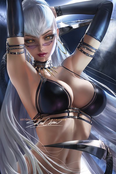 Anime picture 667x1000 with league of legends k/da (league of legends) evelynn (league of legends) the baddest evelynn sakimichan single long hair tall image looking at viewer fringe breasts light erotic large breasts brown eyes signed silver hair upper body ponytail head tilt realistic