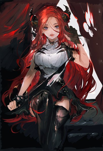 Anime picture 887x1300 with original chikage (chi g0) single long hair tall image looking at viewer breasts large breasts sitting holding red hair horn (horns) light smile lips grey eyes zettai ryouiki sleeveless adjusting hair shiny clothes girl