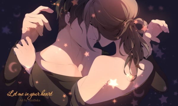 Anime picture 1100x658 with original akubaka long hair short hair brown hair wide image bare shoulders arm up inscription open clothes arms up couple back dark background face to face crescent almost kiss girl boy star (symbol)
