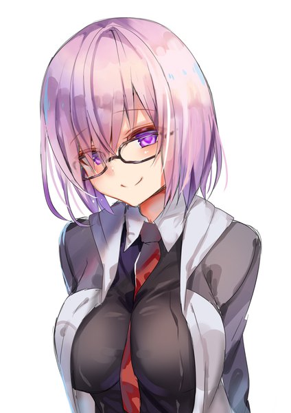 Anime picture 2894x4093 with fate (series) fate/grand order mash kyrielight amamitsu kousuke single tall image looking at viewer blush fringe highres short hair breasts light erotic simple background smile white background purple eyes pink hair upper body hair over one eye