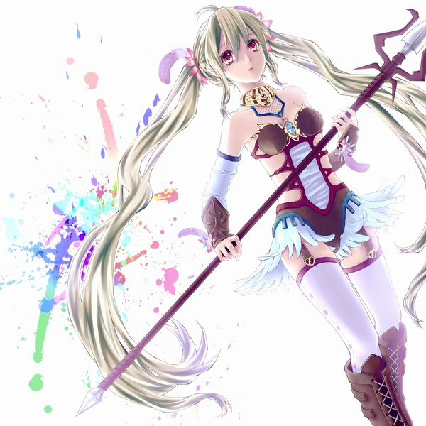 Anime picture 1000x1000 with original niduca single long hair simple background blonde hair red eyes white background twintails bare shoulders ahoge lacing girl thighhighs weapon detached sleeves white thighhighs thigh boots feather (feathers) spear