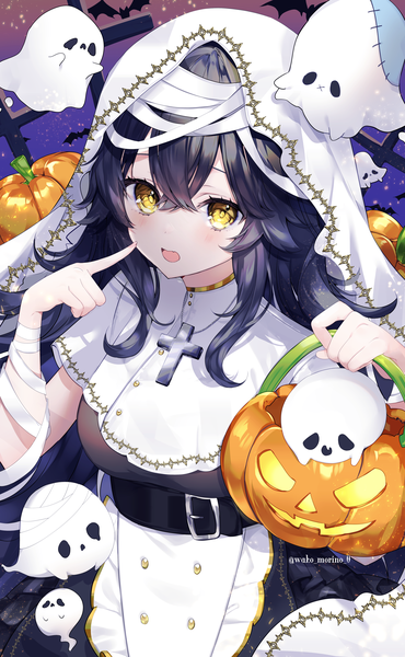 Anime picture 3087x5000 with original wako morino single long hair tall image looking at viewer fringe highres open mouth black hair hair between eyes holding signed yellow eyes absurdres twitter username halloween ghost girl belt