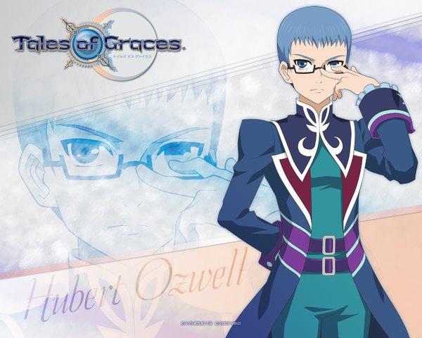 Anime picture 1280x1024 with tales of graces hubert ozwell single short hair blue eyes blue hair inscription boy glasses