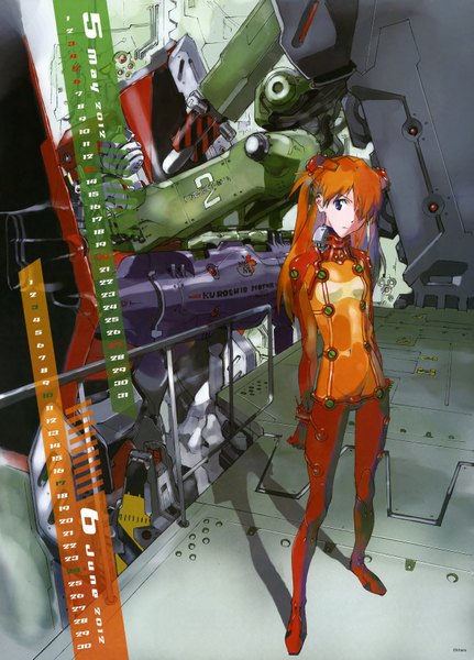Anime picture 4938x6879 with neon genesis evangelion gainax soryu asuka langley single long hair tall image fringe highres blue eyes brown hair standing absurdres scan hair over one eye inscription official art calendar 2012 girl hair ornament hairclip